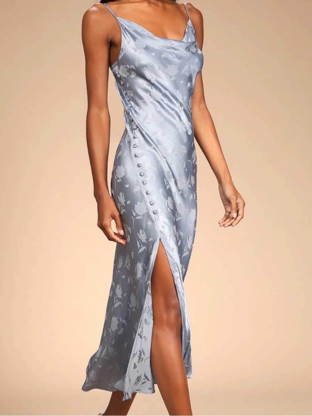 Lulu’s XL All About You Slate Blue Floral Jacquard Satin Midi Dress romantic